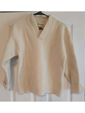 Vtg Mens Eddie Bauer Oatmeal Knit Ribbed Sweater 100% Wool Sz L preppy (medium?)